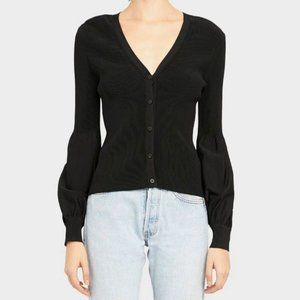 Theory Blouson Sleeve Black Glossed V-Neckline Button Front Cardigan S Sweater